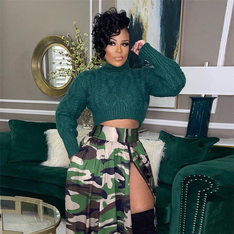 camouflage camo printed women's high waist long african flared front side zipper high slit split skirt for women with slit