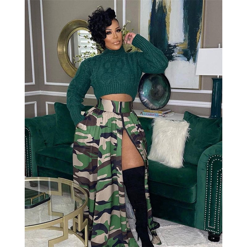 camouflage camo printed women's high waist long african flared front side zipper high slit split skirt for women with slit