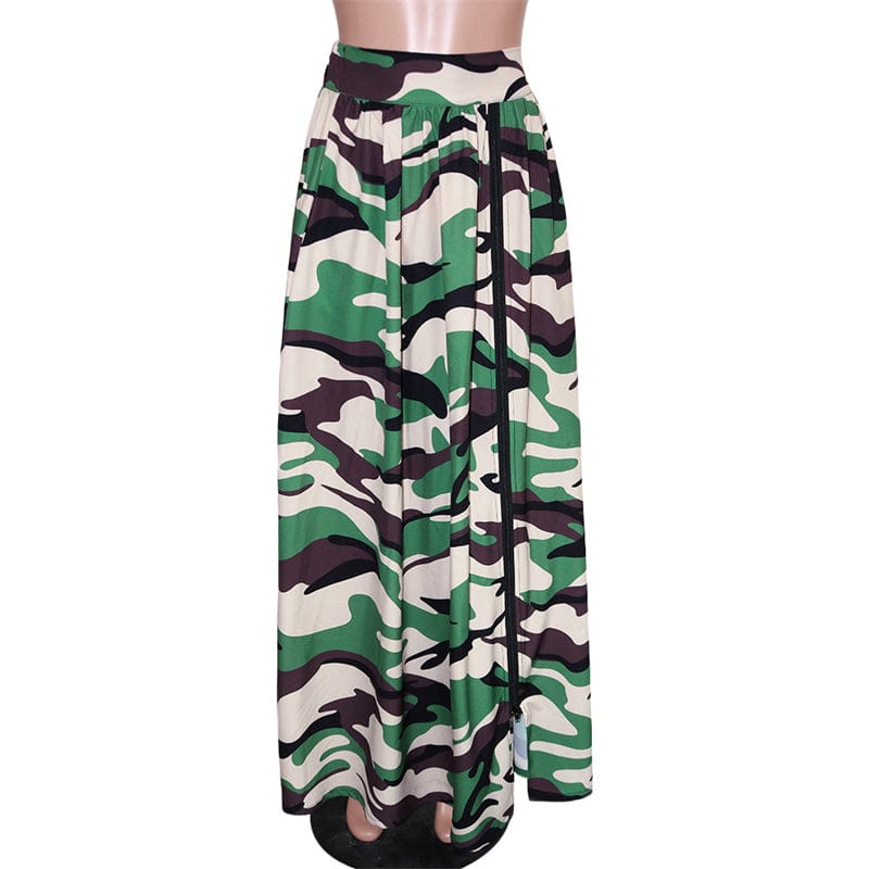 camouflage camo printed women's high waist long african flared front side zipper high slit split skirt for women with slit