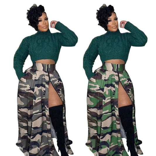 camouflage camo printed women's high waist long african flared front side zipper high slit split skirt for women with slit