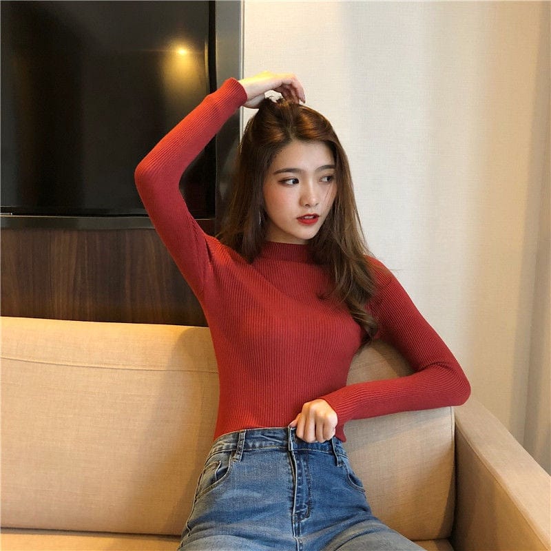 Candy Colored High-Neck Bottoming Shirt Women's Autumn And Winter New Style Thin Tight-Fitting Blouse Long-Sleeved Sweater