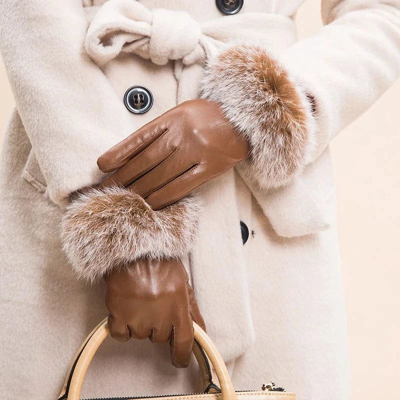 Canel Fashion purple smartphone fleece rex rabbit fur cow split leather gloves for woman