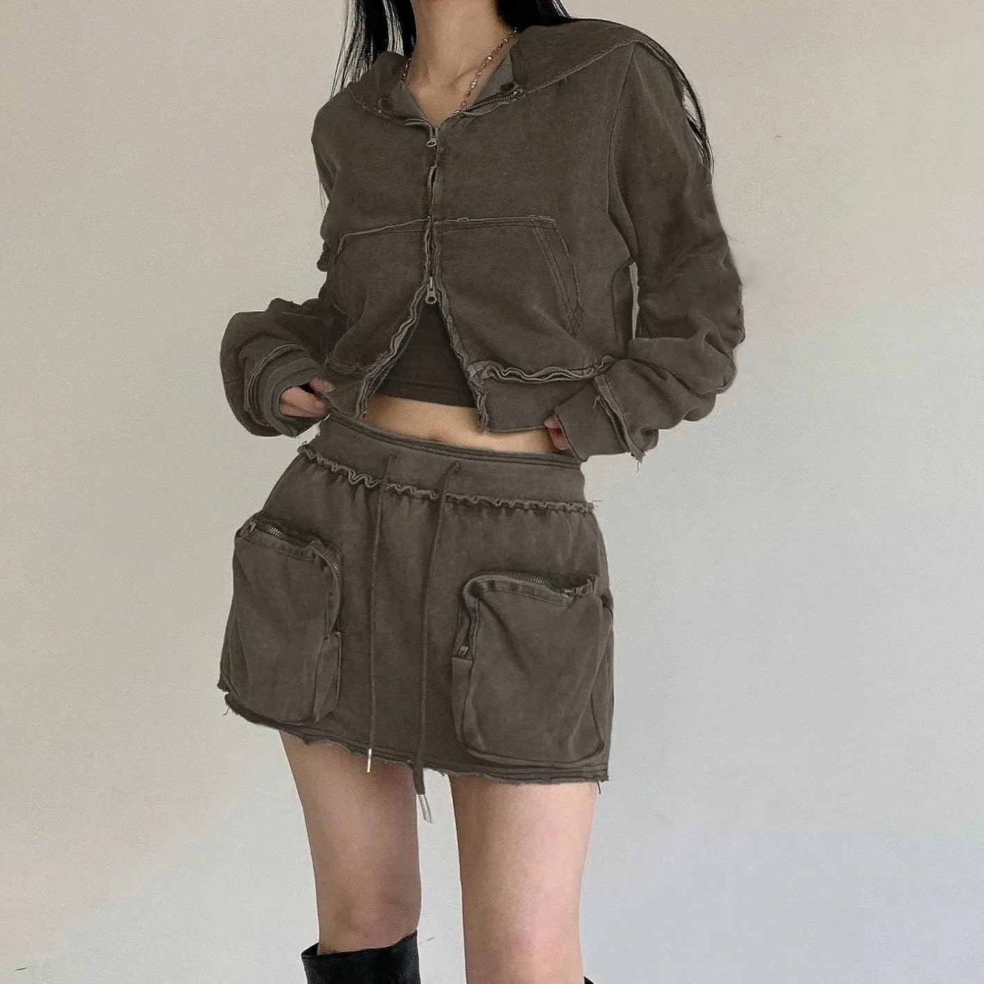 Cargo Pockets 2024 Ladies Sexy New Style Mini Skirts Crop Long Sleeve Hoodie And Skirt Set Woman Mini Skirt Sets