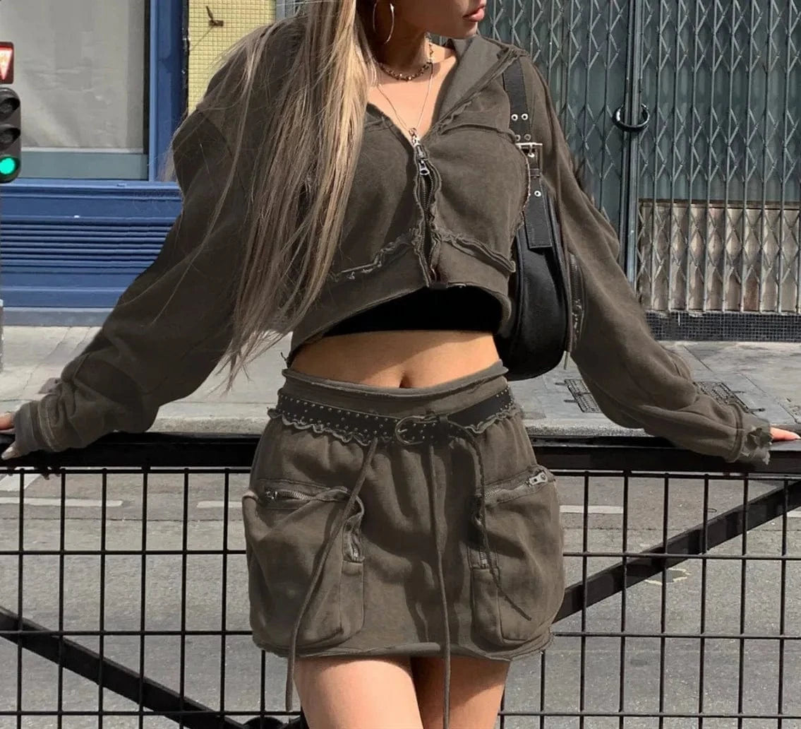 Cargo Pockets 2024 Ladies Sexy New Style Mini Skirts Crop Long Sleeve Hoodie And Skirt Set Woman Mini Skirt Sets