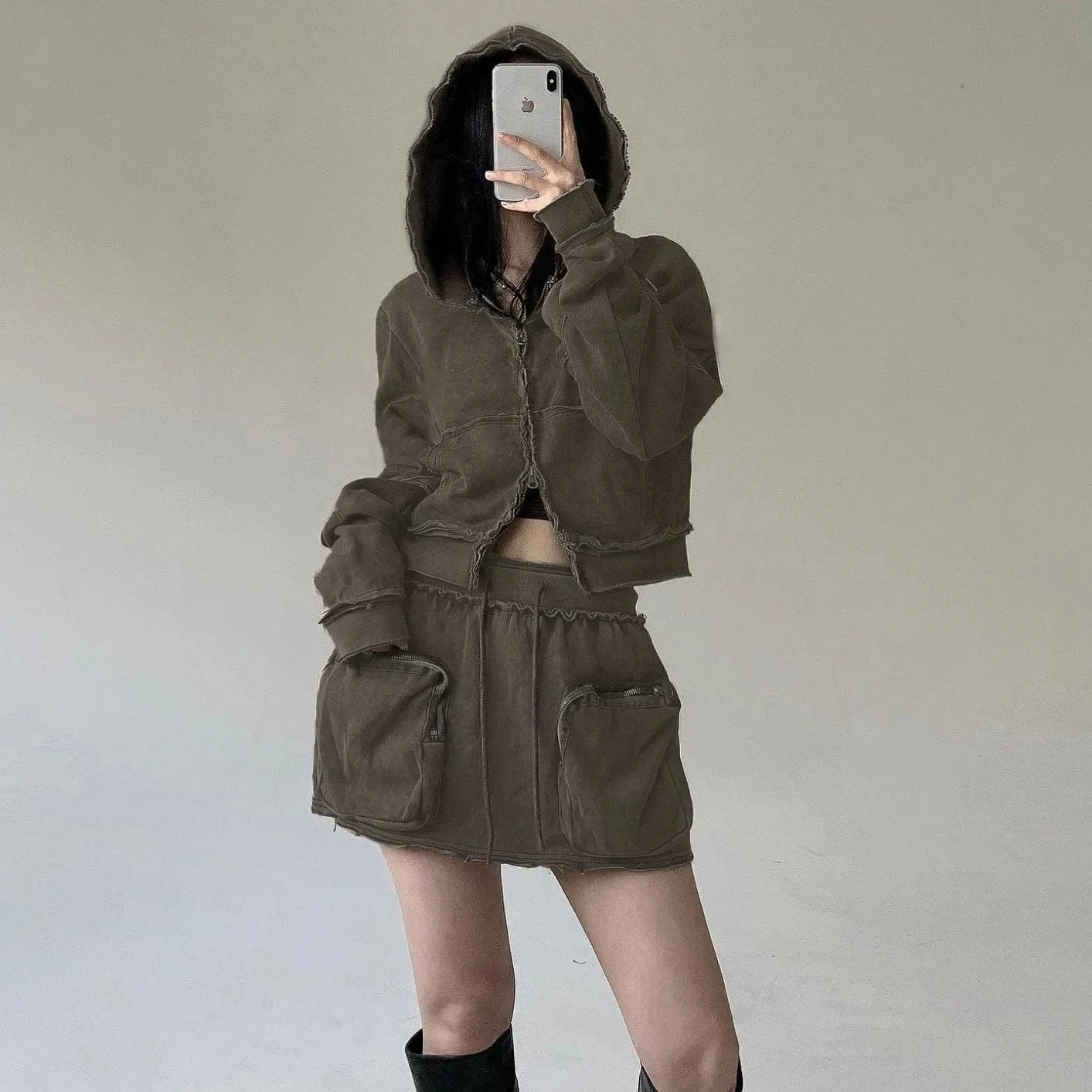 Cargo Pockets 2024 Ladies Sexy New Style Mini Skirts Crop Long Sleeve Hoodie And Skirt Set Woman Mini Skirt Sets