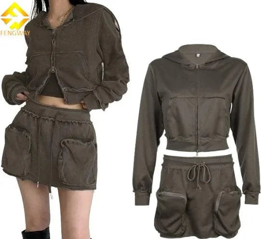 Cargo Pockets 2024 Ladies Sexy New Style Mini Skirts Crop Long Sleeve Hoodie And Skirt Set Woman Mini Skirt Sets