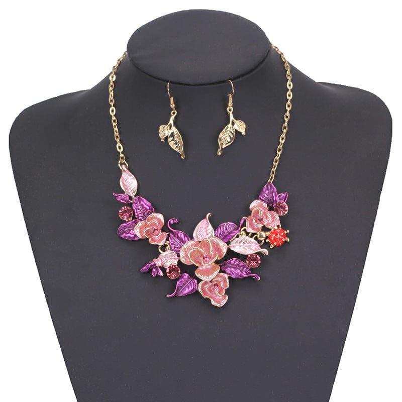 CARTER LISA Fashion Clavicle Chain Pendant Necklace Exaggerated Drop Oil Flower Short Necklace Earrings Set Jewelry