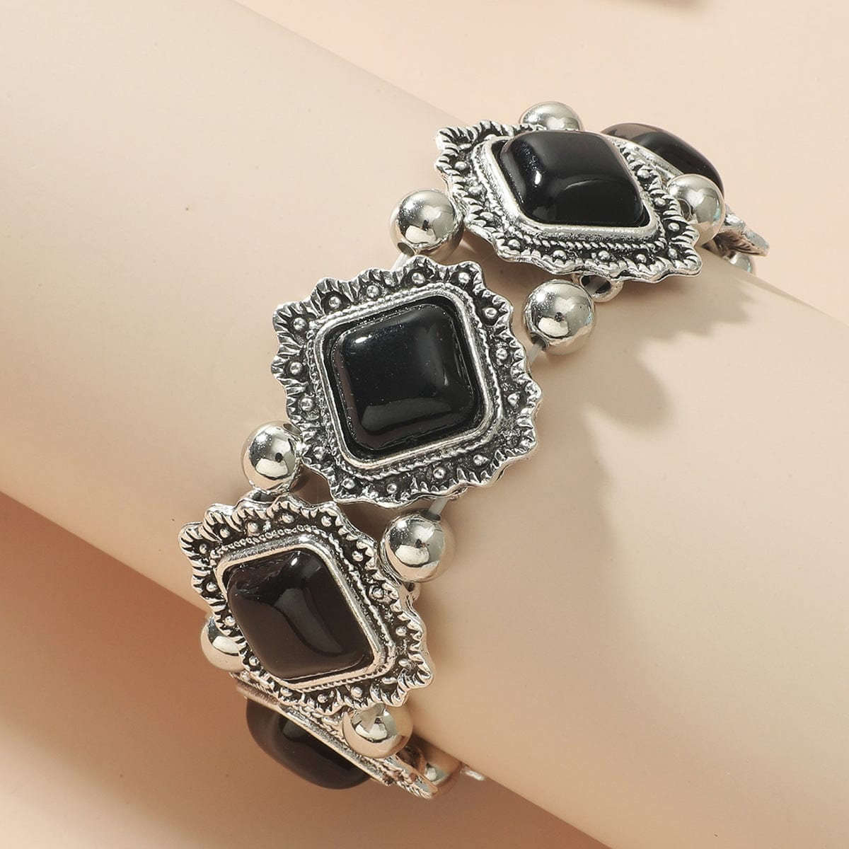 CARTER LISA Vintage Geometric Diamond Turquoise Inlaid Antique Silver Alloy Beads Elastic Bracelets Jewelry