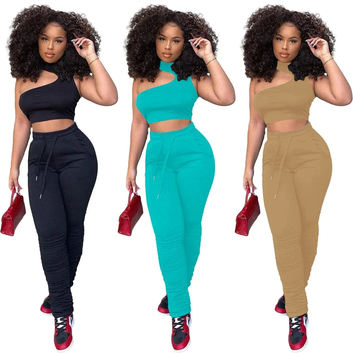 Casual 2 Piece Set Top and Pants Two Piece Trendy Solid Two Piece Suit Pant Set Women Stacked Joggers Pants with Side Pockets