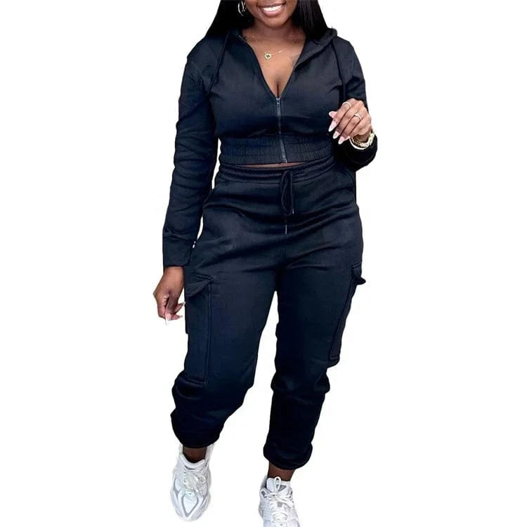 Casual 2 Piece Set Women Solid Long Sleeve Zip-Up Hoodie and Drawstring Sweatpants Matching Winter 2023 Tracksuits