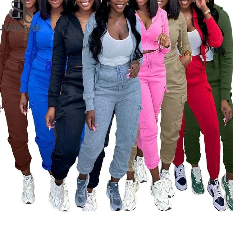 Casual 2 Piece Set Women Solid Long Sleeve Zip-Up Hoodie and Drawstring Sweatpants Matching Winter 2023 Tracksuits