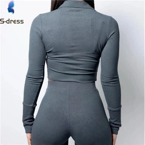 Casual Autumn Ribbed 2 Piece Set Women Outfit Solid Polo-Neck Buttons Long Sleeve Skinny Women's Sets