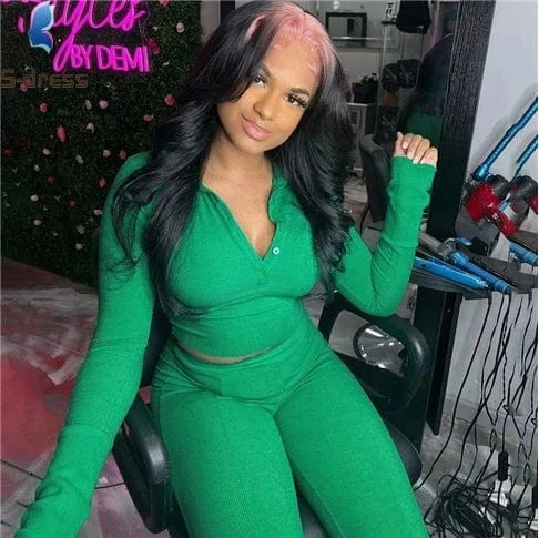 Casual Autumn Ribbed 2 Piece Set Women Outfit Solid Polo-Neck Buttons Long Sleeve Skinny Women's Sets