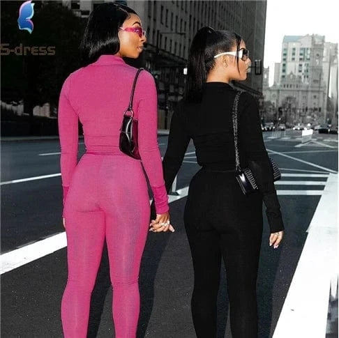 Casual Autumn Ribbed 2 Piece Set Women Outfit Solid Polo-Neck Buttons Long Sleeve Skinny Women's Sets