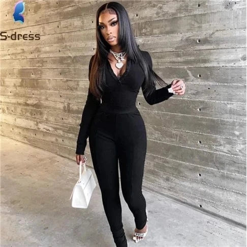 Casual Autumn Ribbed 2 Piece Set Women Outfit Solid Polo-Neck Buttons Long Sleeve Skinny Women's Sets