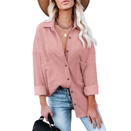 Casual Corduroy Button Down Shirts Women's Solid Color Long Sleeve Oversized Coat Jacket Fashion Blouses Tops Vintage Streetwear