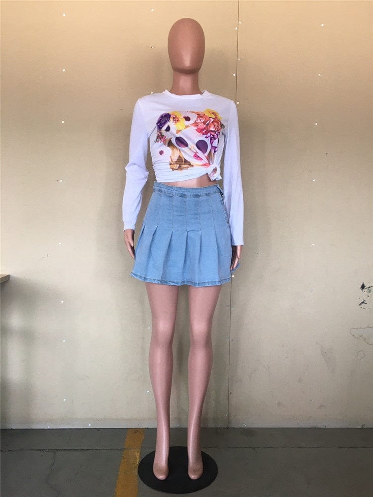 Casual Denim Pleated Mini Skirt Women Solid Color a Line Jeans Summer Female Short Skirt