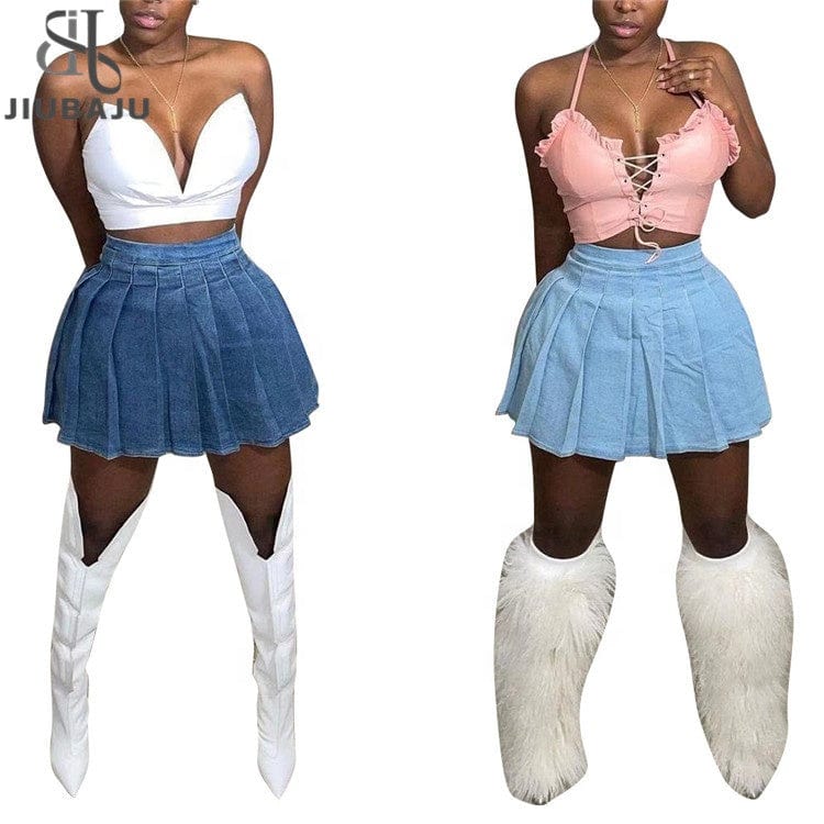 Casual Denim Pleated Mini Skirt Women Solid Color a Line Jeans Summer Female Short Skirt