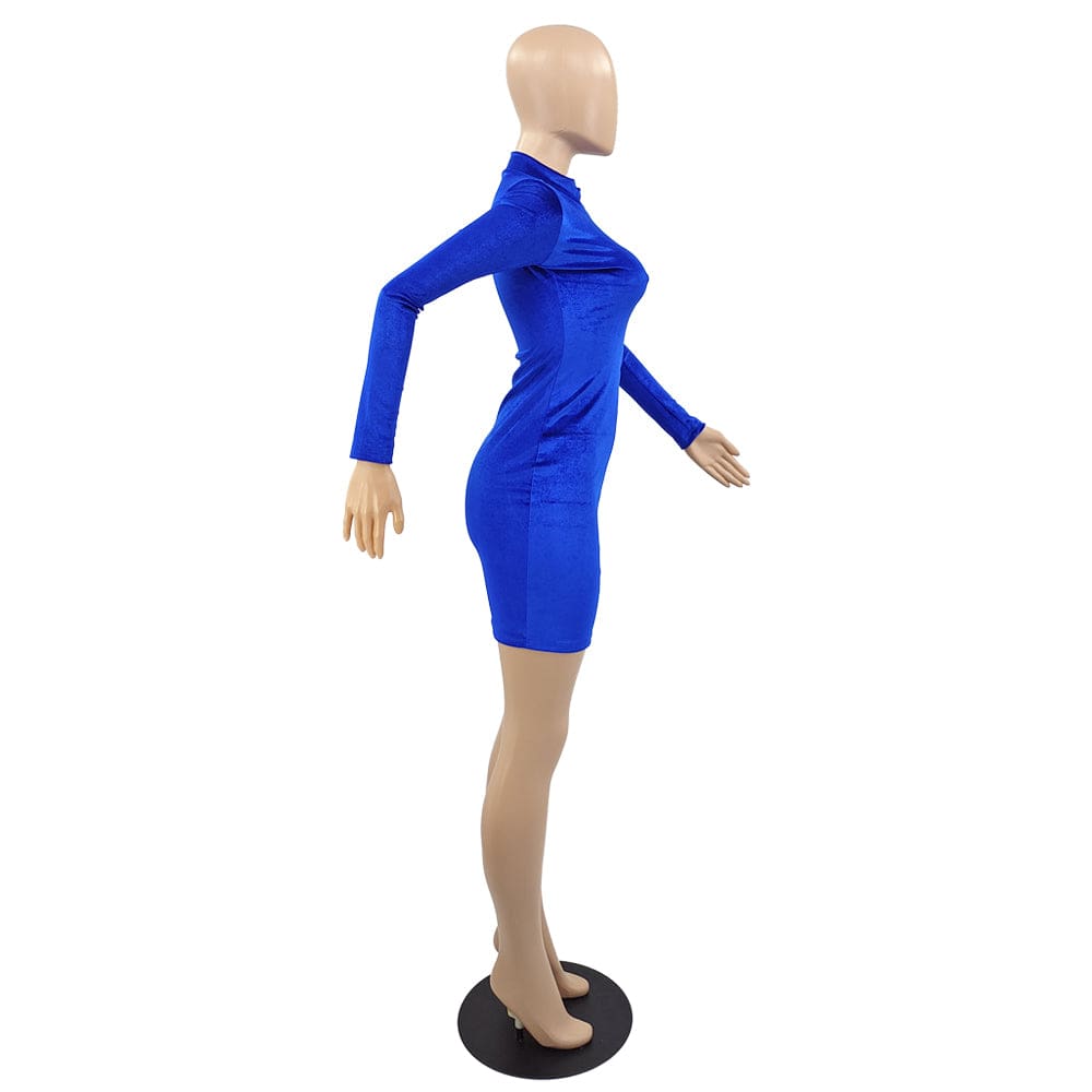Casual Dress Boutique Clothing Women Solid Color Blue Velvet Zipper Fashion Mini Dress