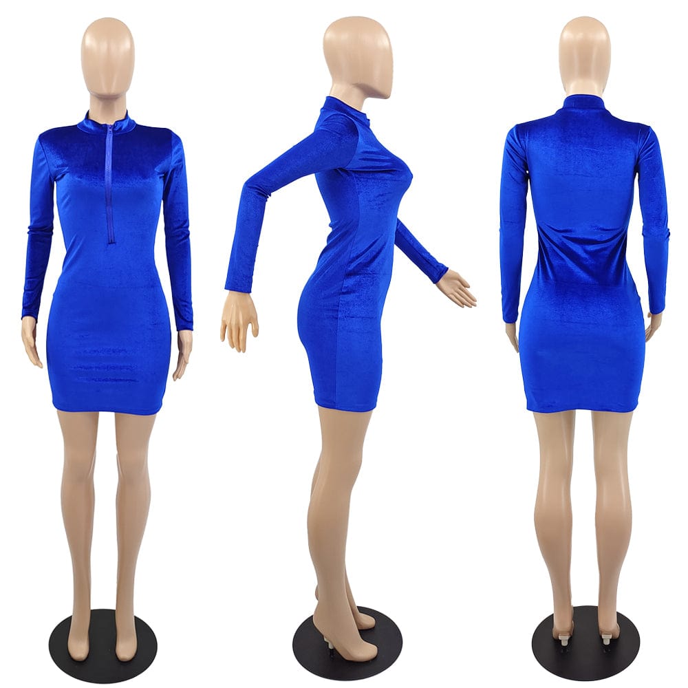 Casual Dress Boutique Clothing Women Solid Color Blue Velvet Zipper Fashion Mini Dress