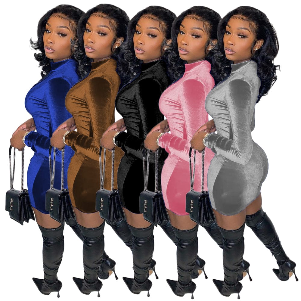Casual Dress Boutique Clothing Women Solid Color Blue Velvet Zipper Fashion Mini Dress