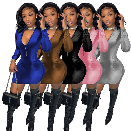 Casual Dress Boutique Clothing Women Solid Color Blue Velvet Zipper Fashion Mini Dress