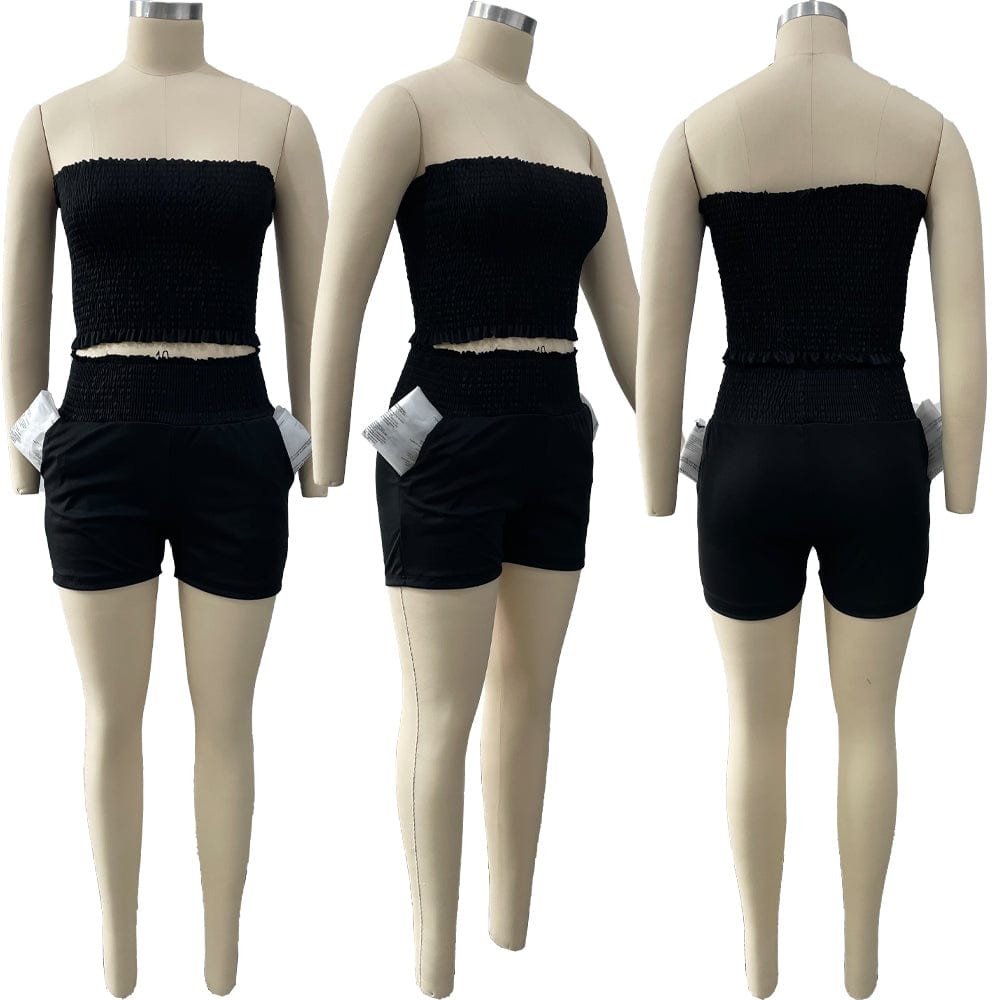 Casual Elastic Bandeau Wrapped Top Two Piece Short Set
