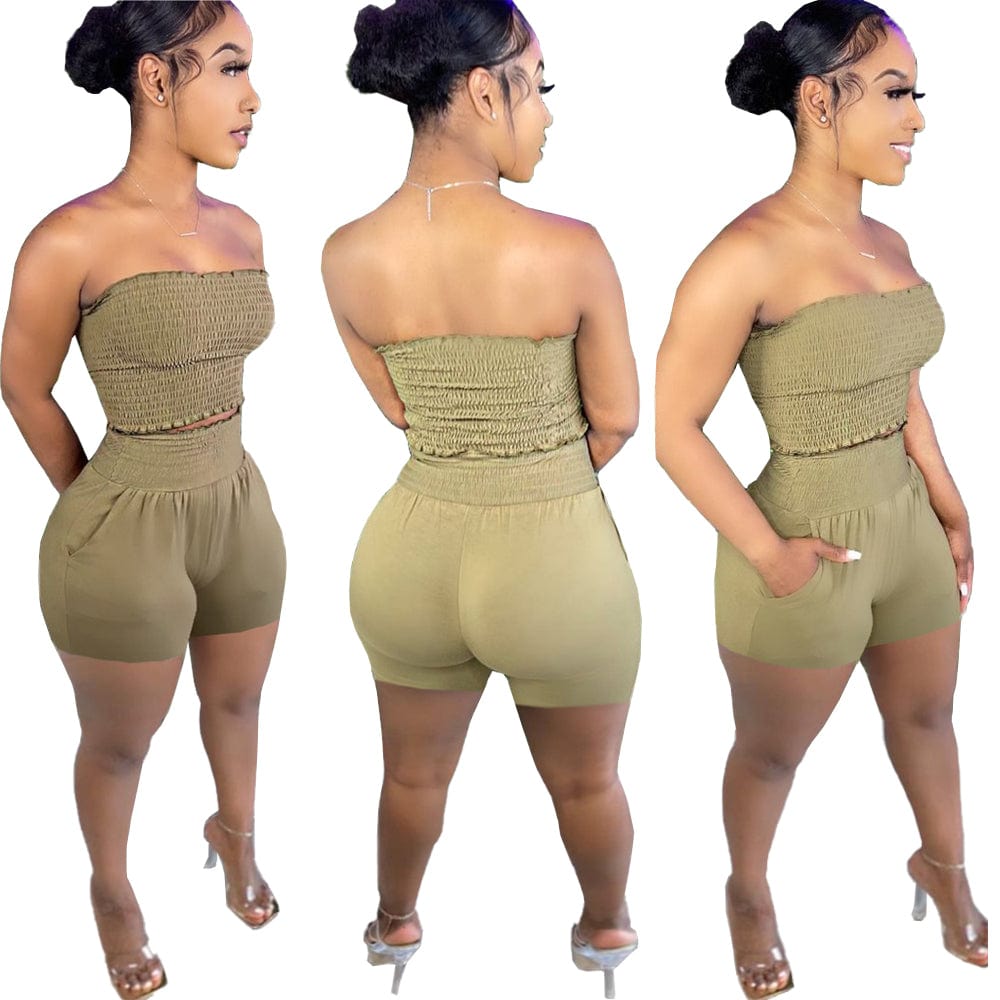 Casual Elastic Bandeau Wrapped Top Two Piece Short Set