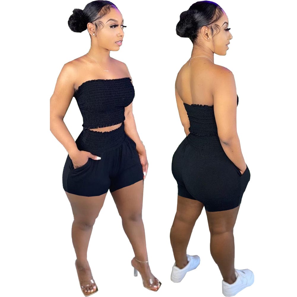 Casual Elastic Bandeau Wrapped Top Two Piece Short Set