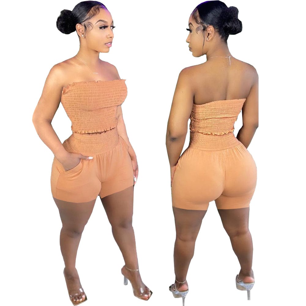 Casual Elastic Bandeau Wrapped Top Two Piece Short Set