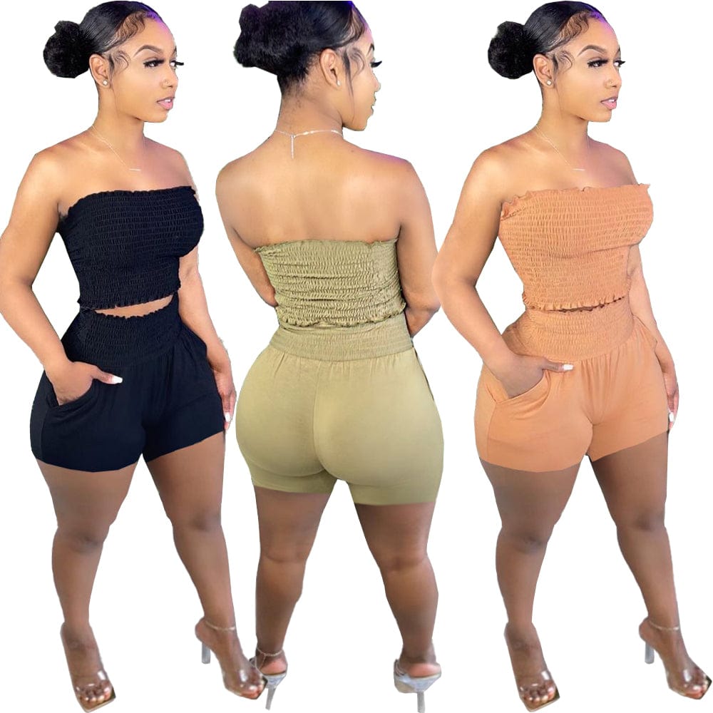 Casual Elastic Bandeau Wrapped Top Two Piece Short Set