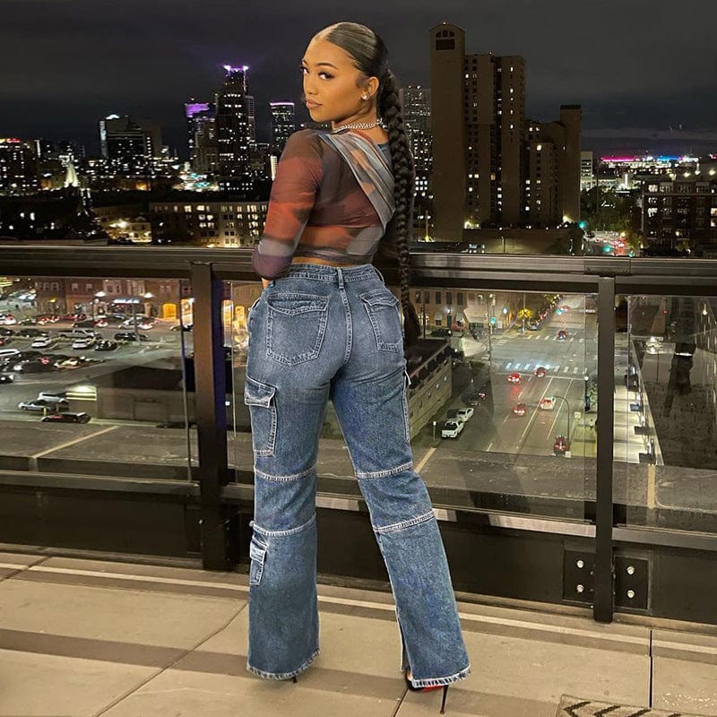 Casual Fashion Straight Jeans Pants High Waist Jeans Pants for women Pockets Denim Trousers Wash Blue Jeans Womens