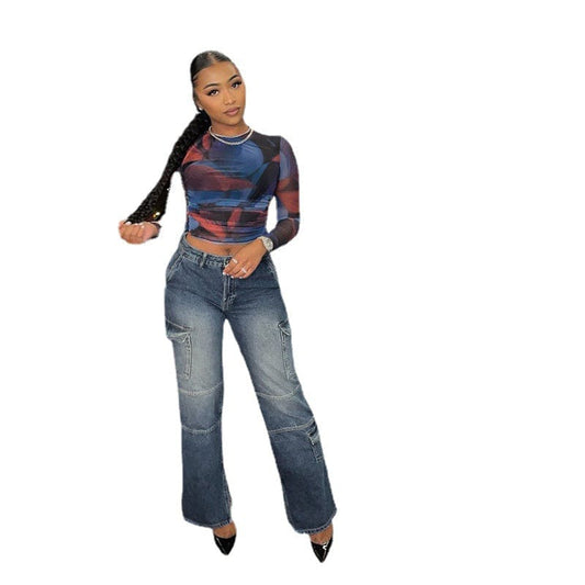 Casual Fashion Straight Jeans Pants High Waist Jeans Pants for women Pockets Denim Trousers Wash Blue Jeans Womens