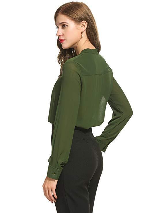 Casual Green Long Sleeve  Shirt Summer Spring Neck Tie Satin Blouse Elegant Work Wear Loose Female Solid Top Ladies Blouse