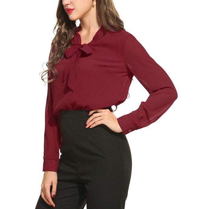 Casual Green Long Sleeve  Shirt Summer Spring Neck Tie Satin Blouse Elegant Work Wear Loose Female Solid Top Ladies Blouse