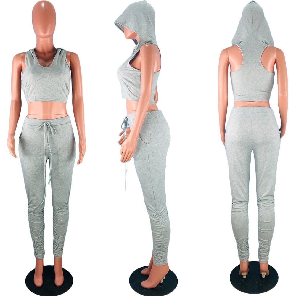 Casual Hooded 2 Piece Crop Top Sweatsuit Women Sleeveless Stack Pants 2 Piece Set