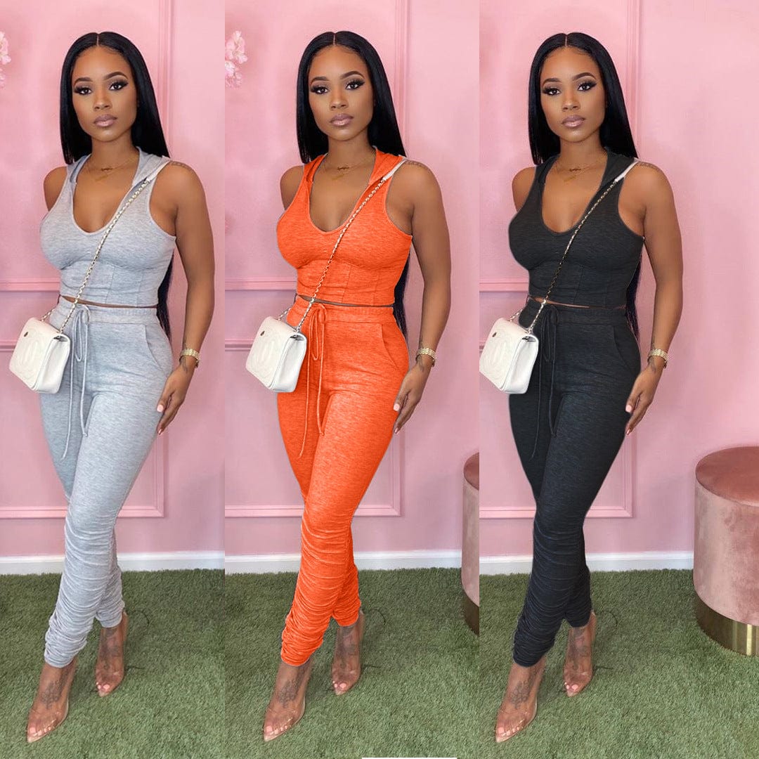 Casual Hooded 2 Piece Crop Top Sweatsuit Women Sleeveless Stack Pants 2 Piece Set