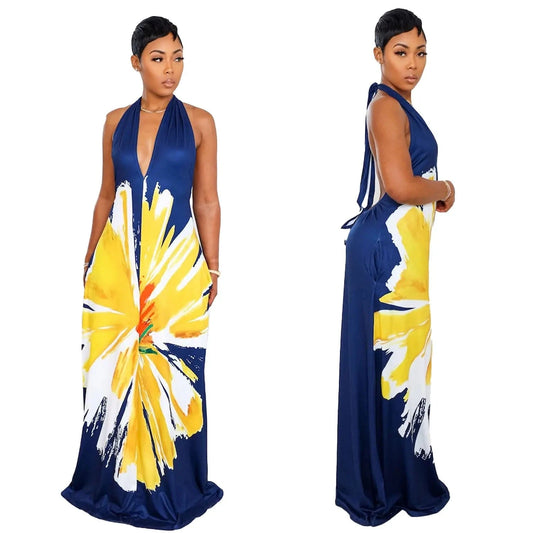 Casual Plus Size Printed Halter Backless V Neck Maternity Dress Pregnant Women