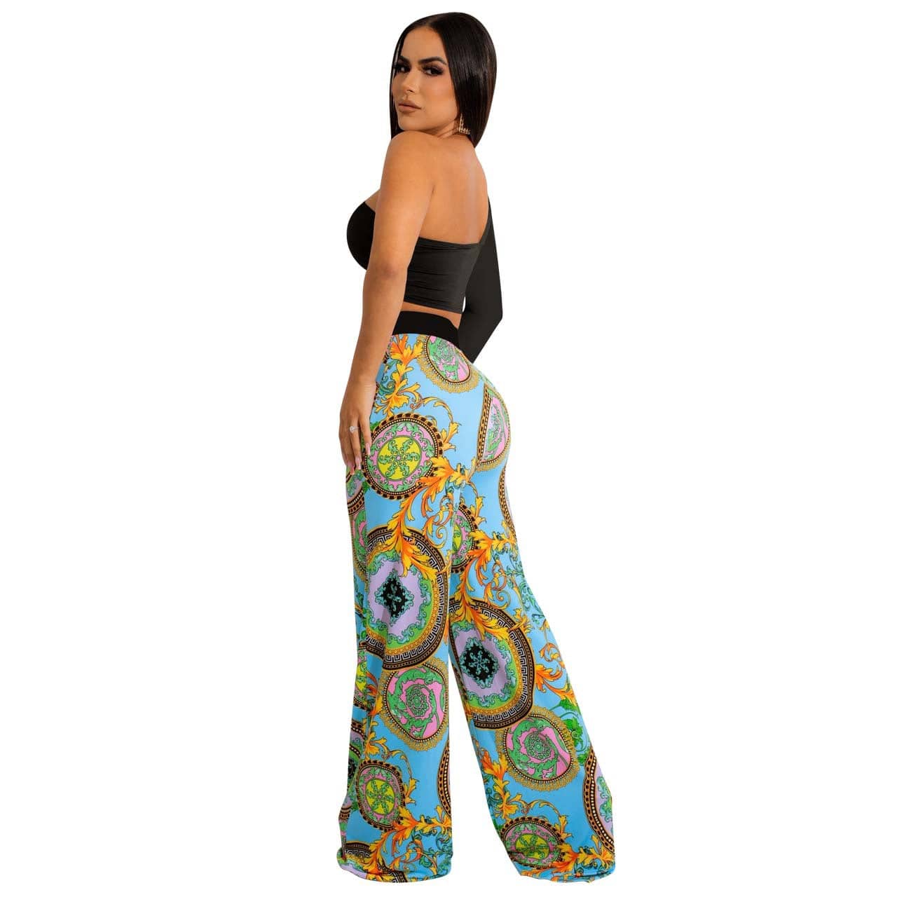 Casual Print Wide Leg Pants and Tops One Shoulder Long SleeveTwo Pieces Pants Set For Women
