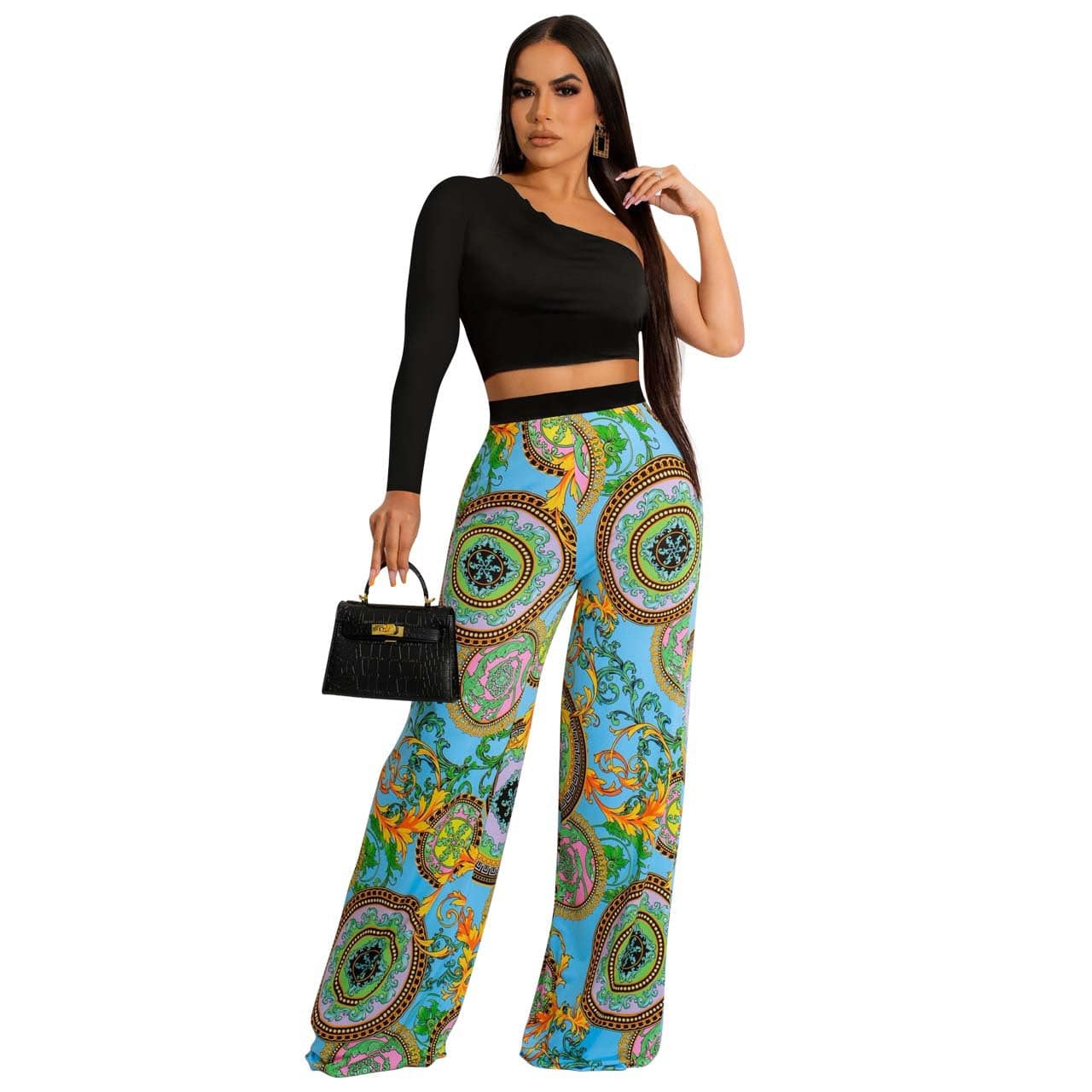 Casual Print Wide Leg Pants and Tops One Shoulder Long SleeveTwo Pieces Pants Set For Women