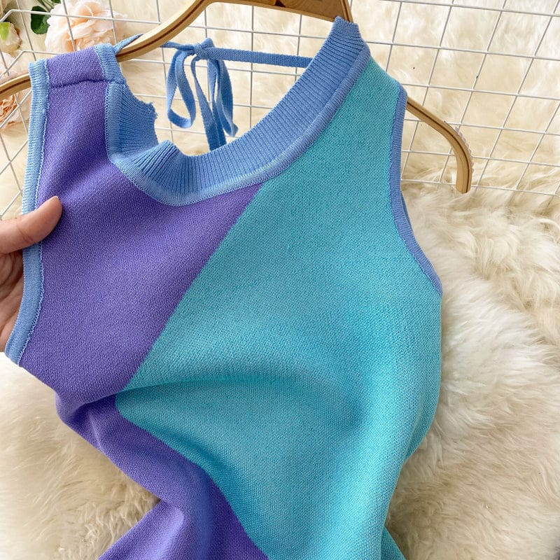 Casual Round Collar Two Tone Backless Patchwork Knit Bodycon Dresses Women Lady Elegant Knitting Mini Dress