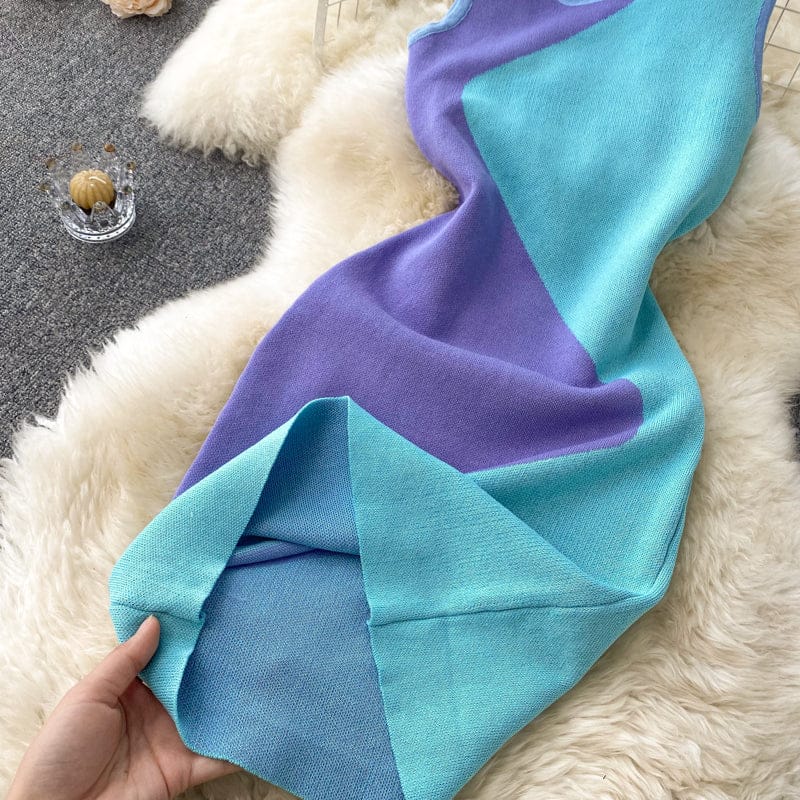 Casual Round Collar Two Tone Backless Patchwork Knit Bodycon Dresses Women Lady Elegant Knitting Mini Dress