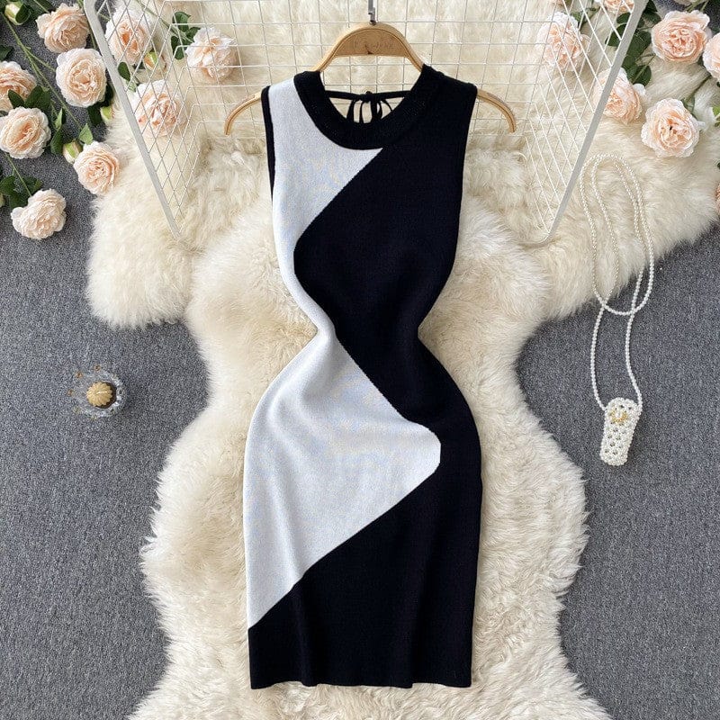 Casual Round Collar Two Tone Backless Patchwork Knit Bodycon Dresses Women Lady Elegant Knitting Mini Dress