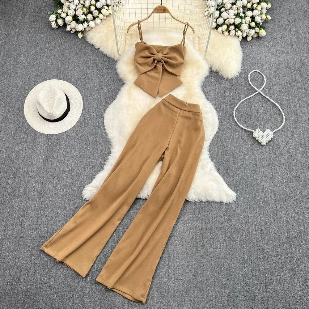 Casual Set Of Female Casual Pants Pants Two-piece Bow Top Set