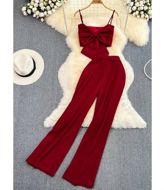Casual Set Of Female Casual Pants Pants Two-piece Bow Top Set