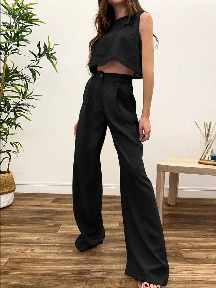 Casual Solid Womens 2 Piece Set Outfits Loungewear Streetwear Crop Tank Top Wide Leg High Waist Pants Formal