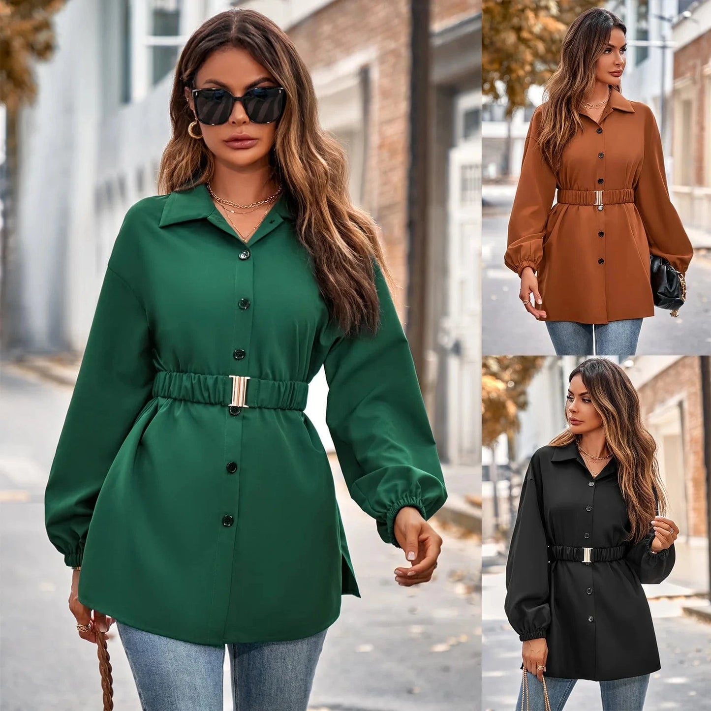 Casual Spring Autumn Women's Dress 2023 Fashion New Solid Color Shirt Collar Single Breasted Belt Women Shirt Coat