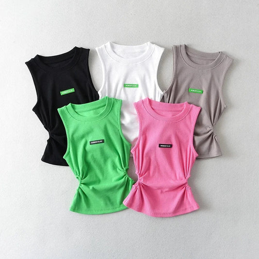 Casual Style Rubber tag Sleeveless Crew Neck Ruched Basic Tank Top Tight Waist Shirt Women's Tank Top