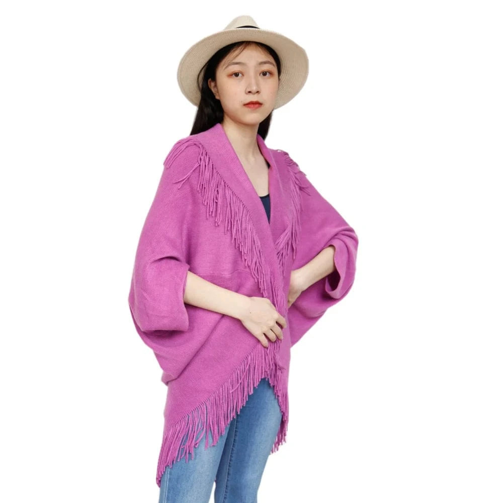 Casual Style Turn-down Collar And Tassels Acrylic Cashmere Knit Female Plus Size Shrugs For Dresses