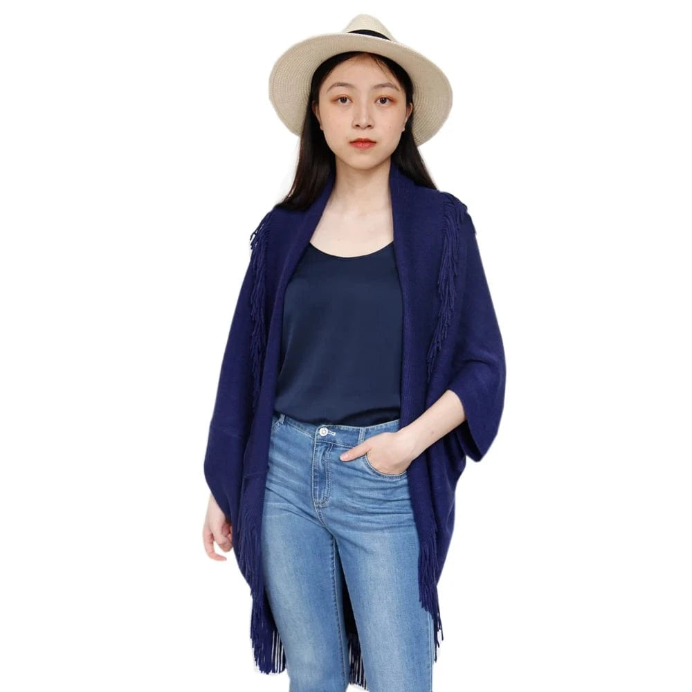 Casual Style Turn-down Collar And Tassels Acrylic Cashmere Knit Female Plus Size Shrugs For Dresses